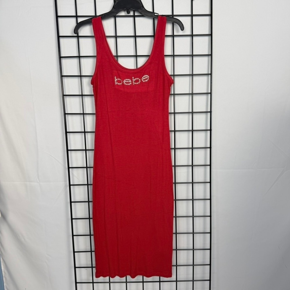 NWT Bebe Swarovski Crystal Tank Dress Womens Medium Redā Logo Ribbed Bodycon